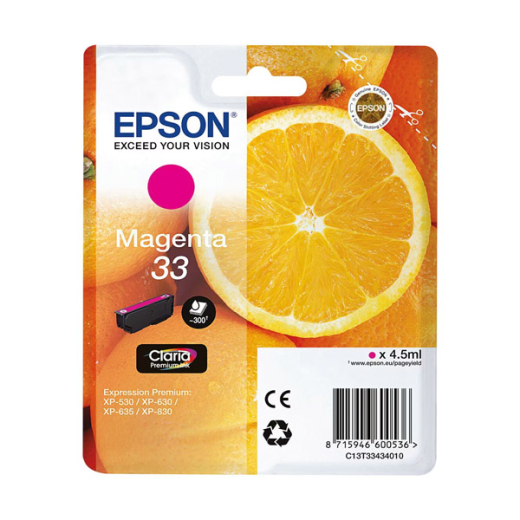originale Tintenpatrone für EPSON Drucker T3343M, magenta, Orange-Serie