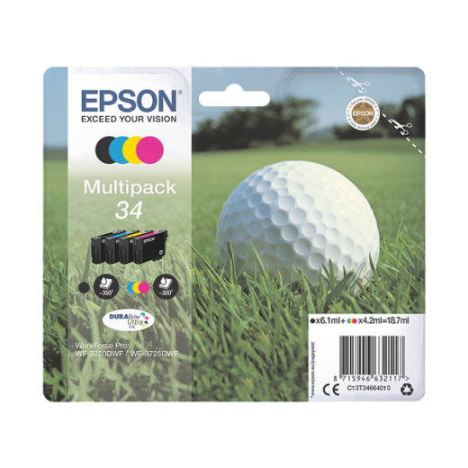 originale Tintenpatrone für EPSON Drucker T3466multi, Multipack (BK,C, M, Y) (Golfball-Serie)