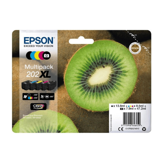 originale Tintenpatrone für EPSON Drucker 202XL Multipack (BK,PBK,C, M, Y) (Kiwi-Serie), Kiwi-Serie, XL-Füllmenge